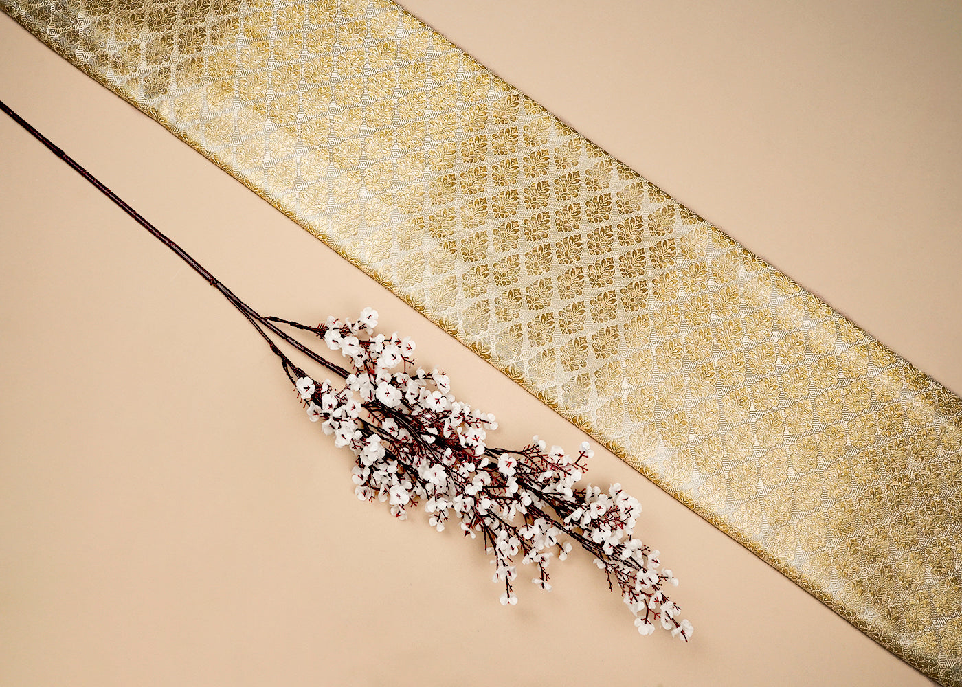 White Banarasi Brocade Fabric With All Over Golden Zari Handloom 16737