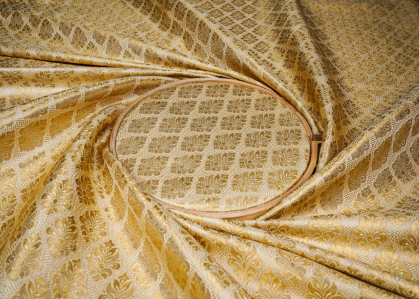 White Banarasi Brocade Fabric With All Over Golden Zari Handloom 16737
