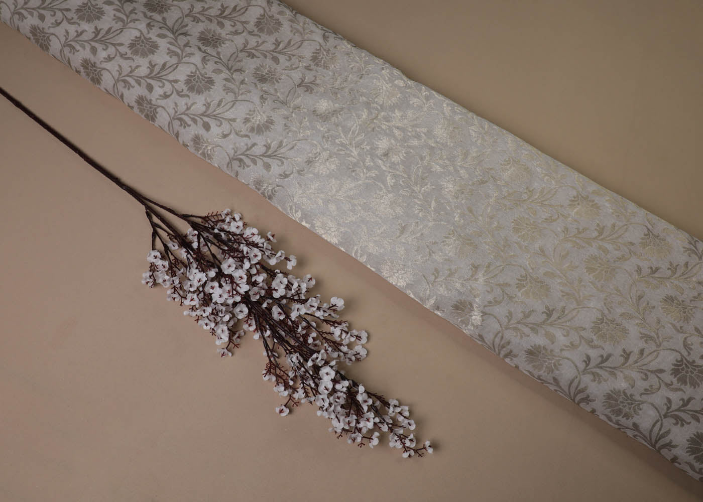 White Banarasi Brocade Fabric With All Over Golden Zari Handloom 16750