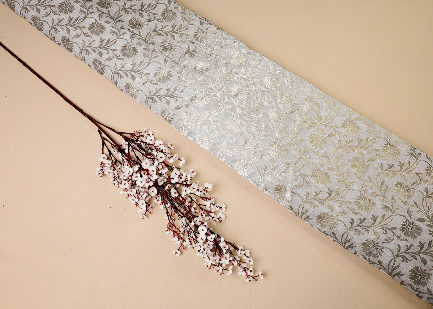 White Banarasi Brocade Fabric With All Over Golden Zari Handloom 16750