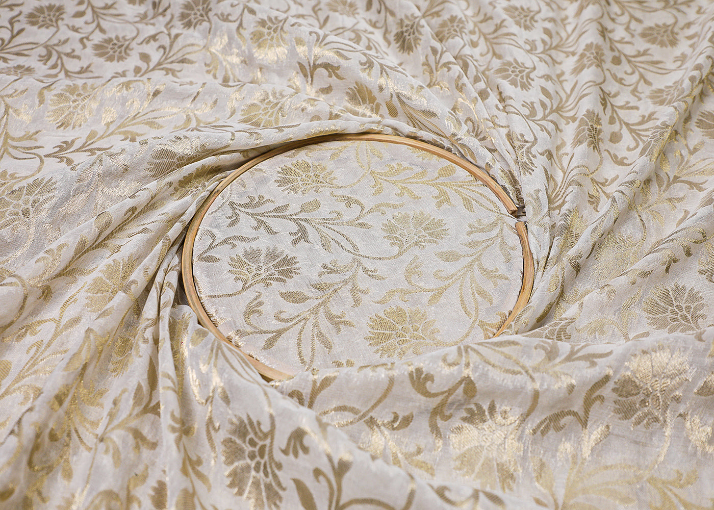 White Banarasi Brocade Fabric With All Over Golden Zari Handloom 16750