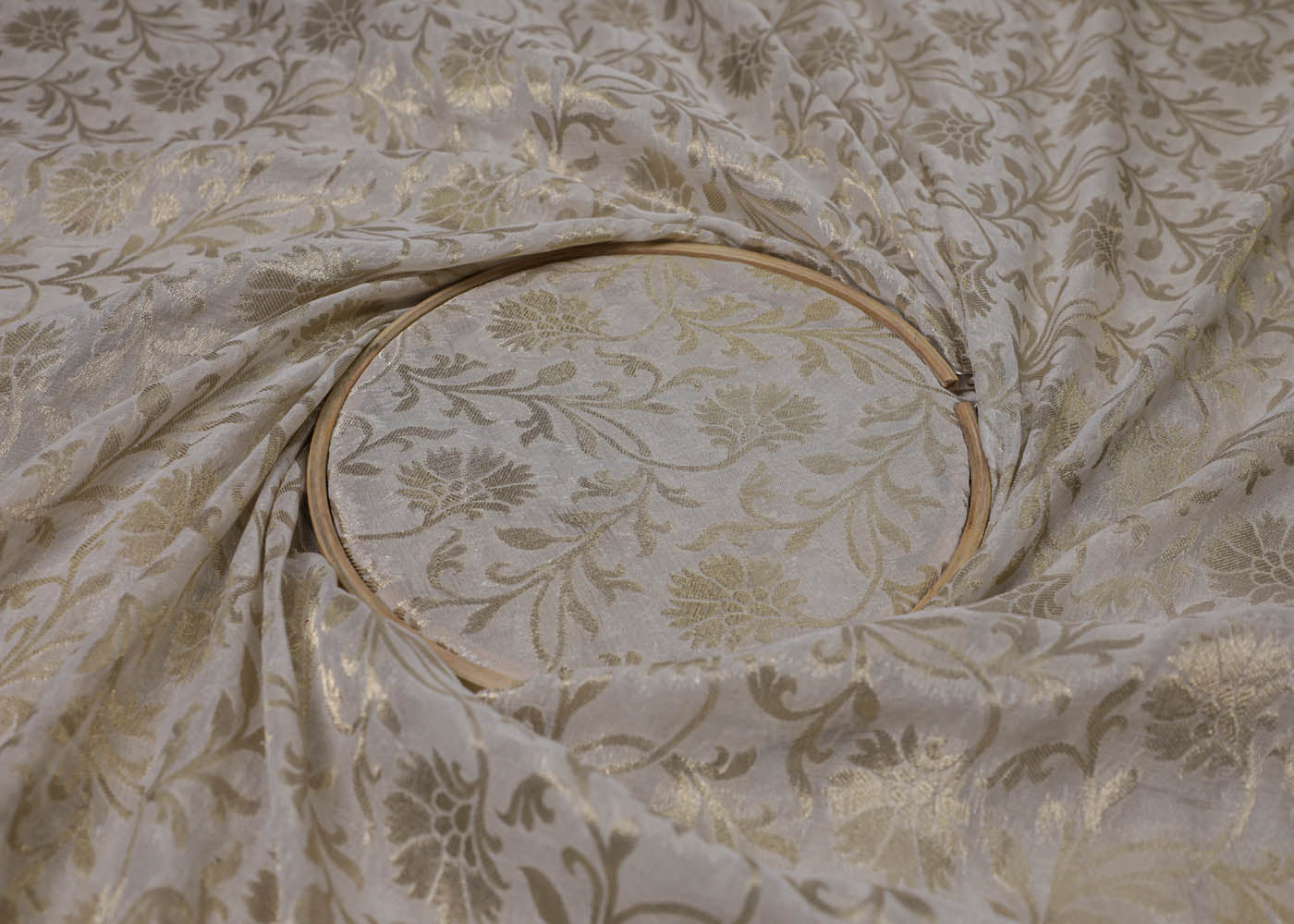 White Banarasi Brocade Fabric With All Over Golden Zari Handloom 16750