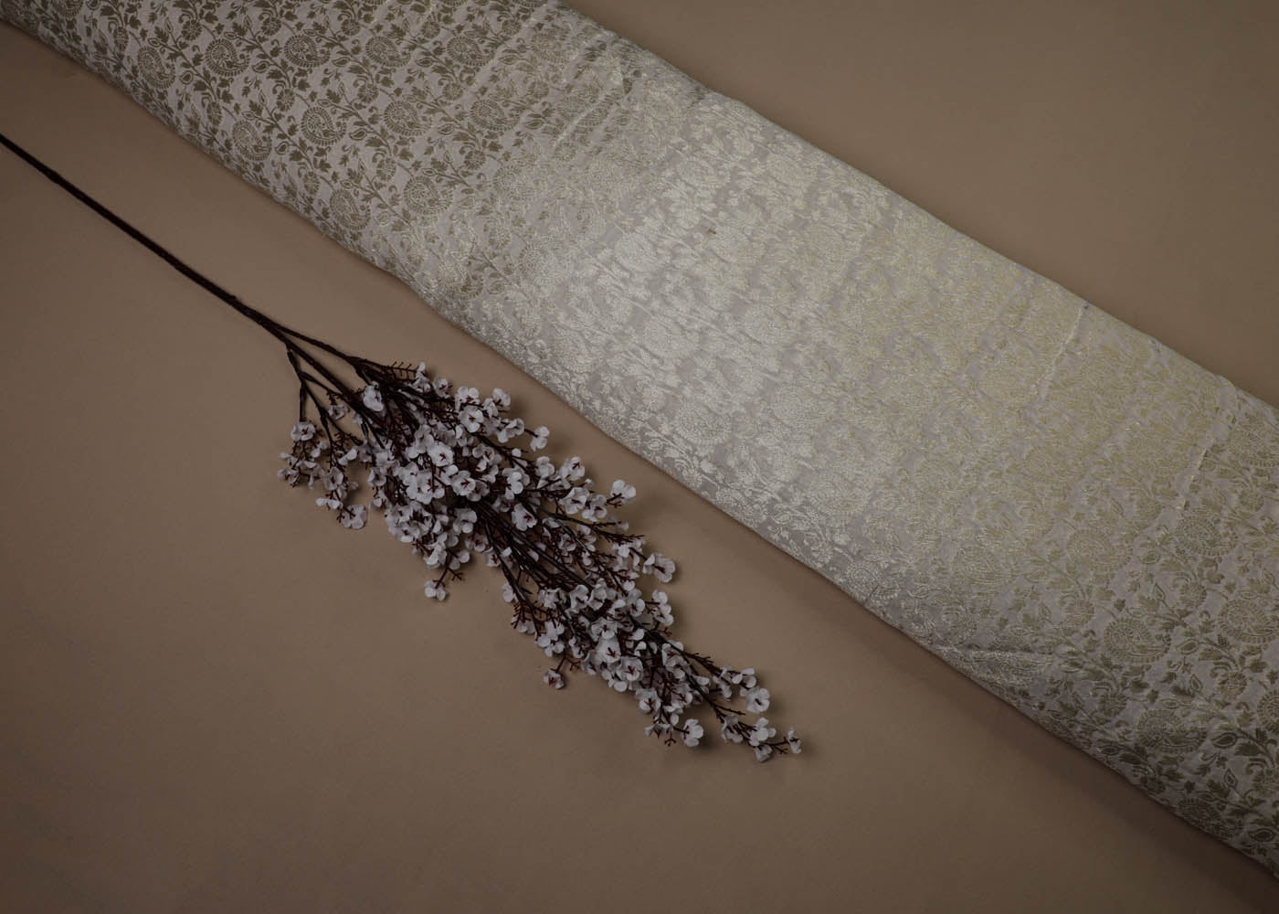 White Banarasi Brocade Fabric With All Over Golden Zari Handloom 16751