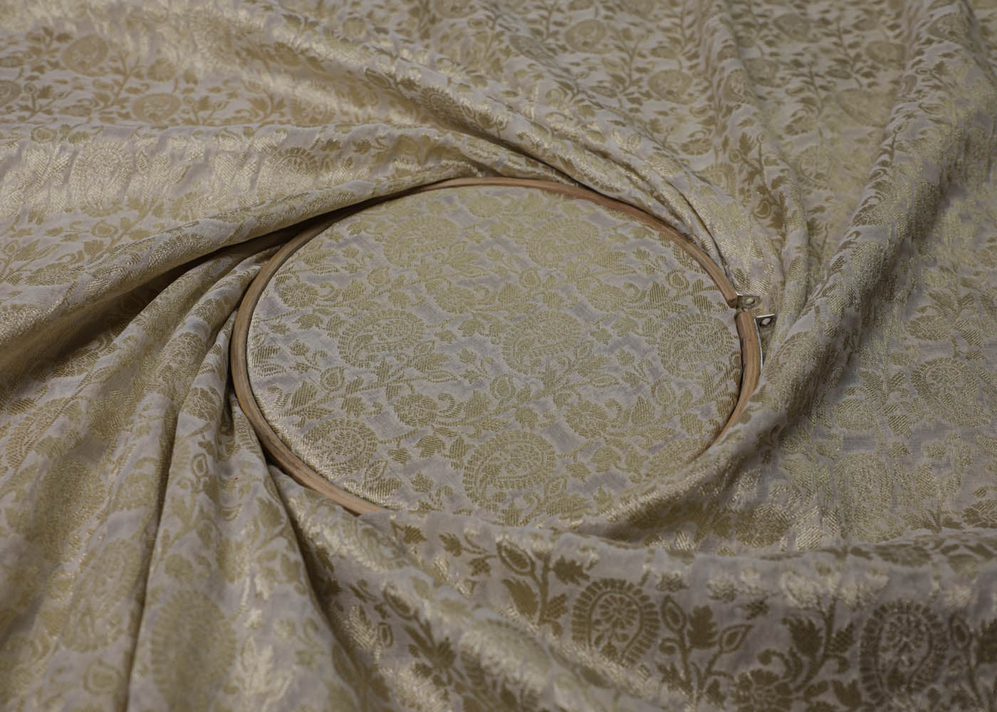 White Banarasi Brocade Fabric With All Over Golden Zari Handloom 16751