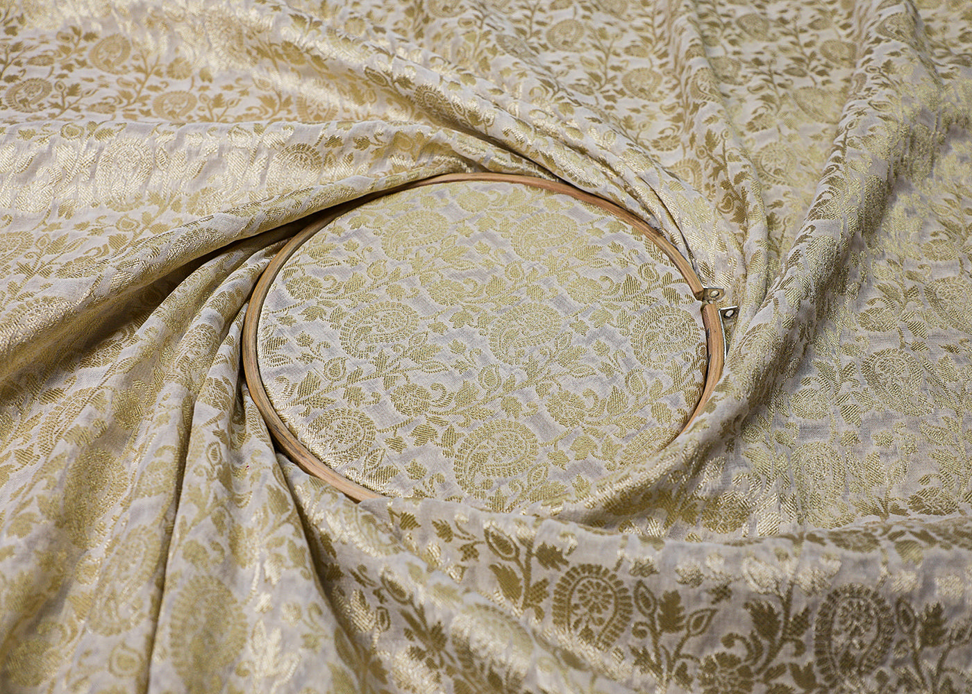 White Banarasi Brocade Fabric With All Over Golden Zari Handloom 16751