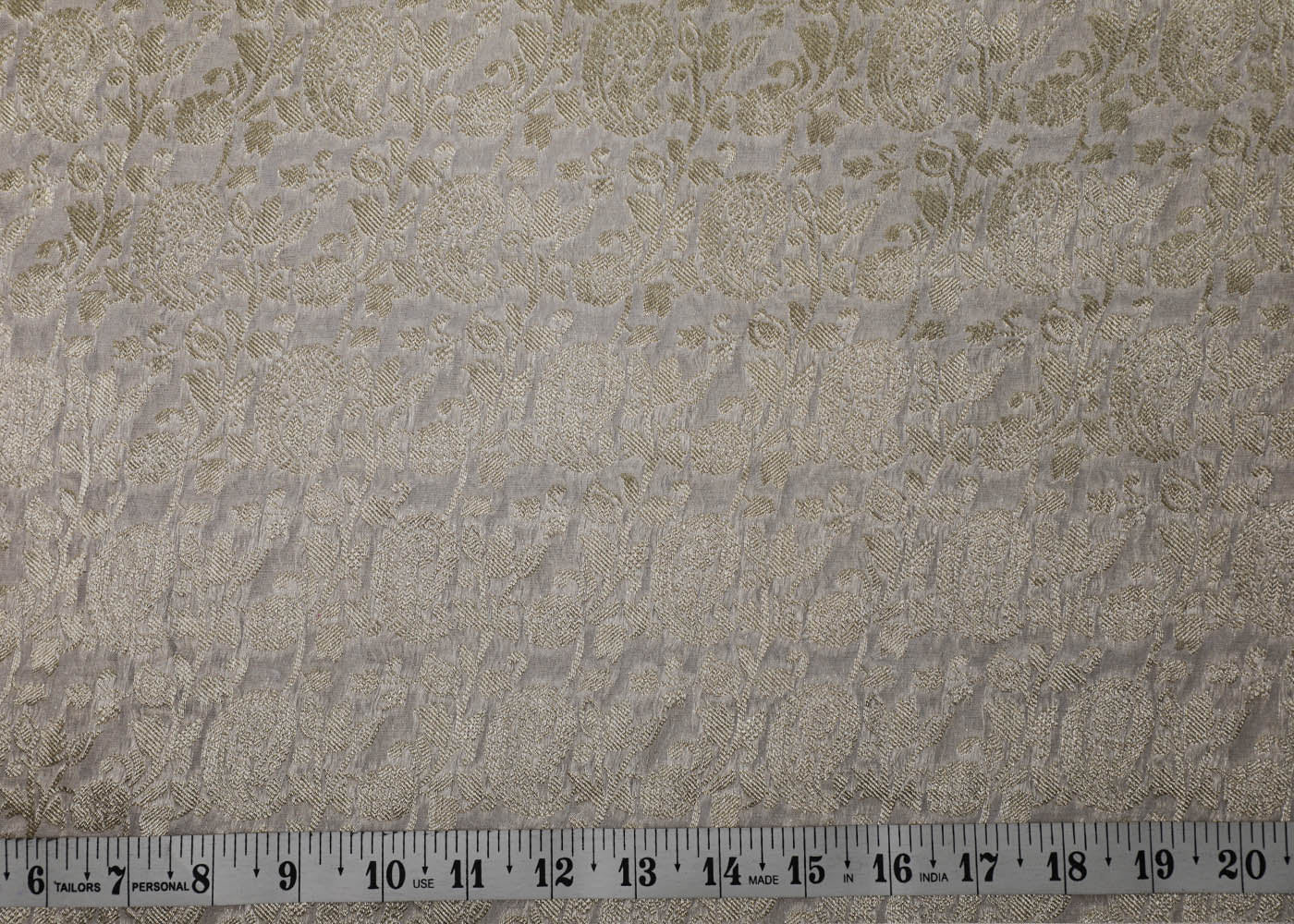White Banarasi Brocade Fabric With All Over Golden Zari Handloom 16751