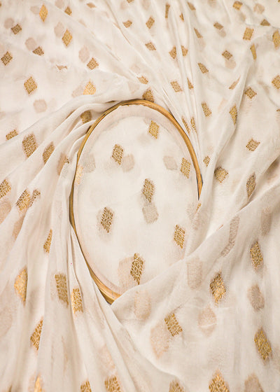 White Georgette Fabric With All Over Zari Handloom 16752