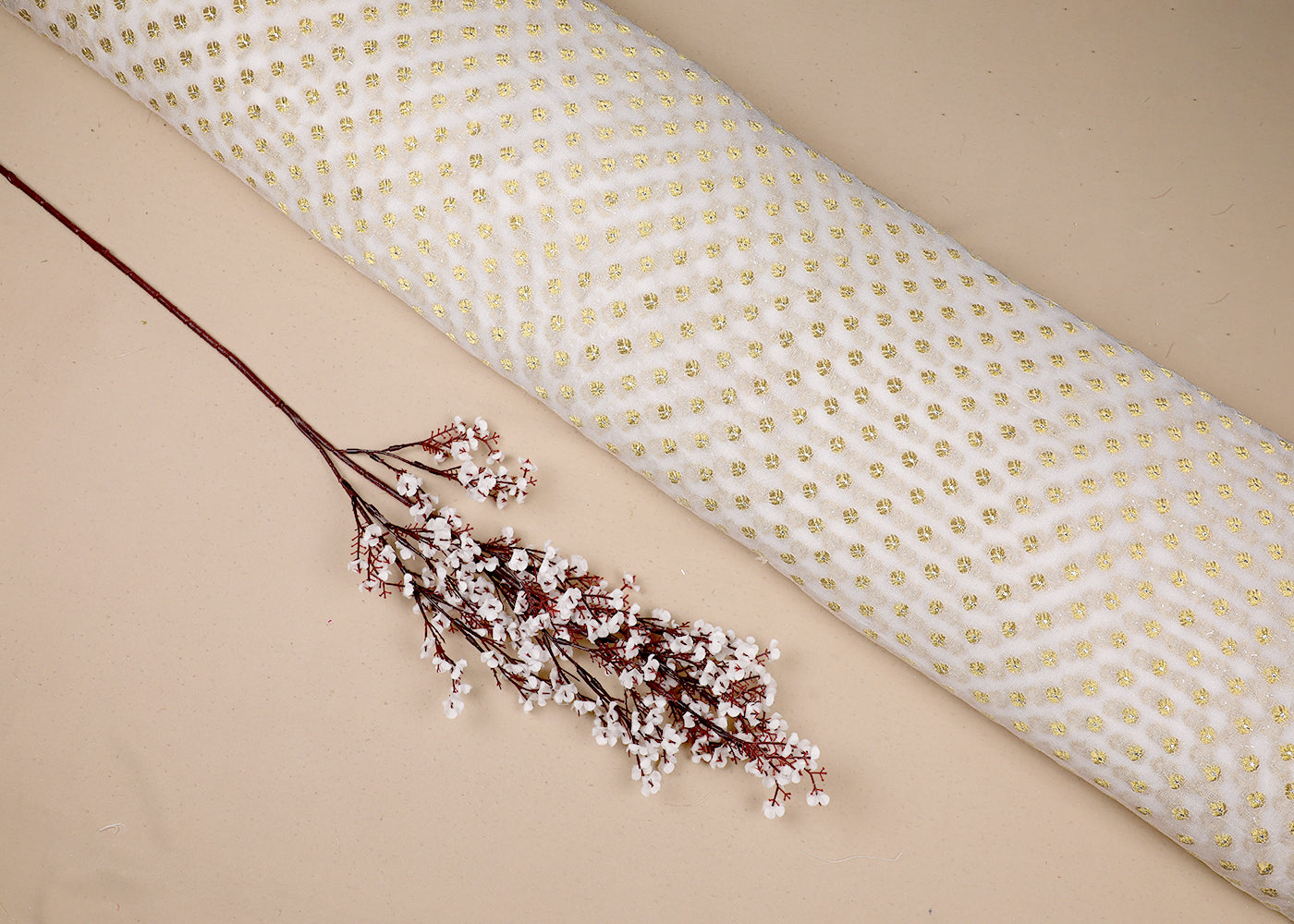 White Georgette Fabric With All Over Zari And Sequins Buti 16754