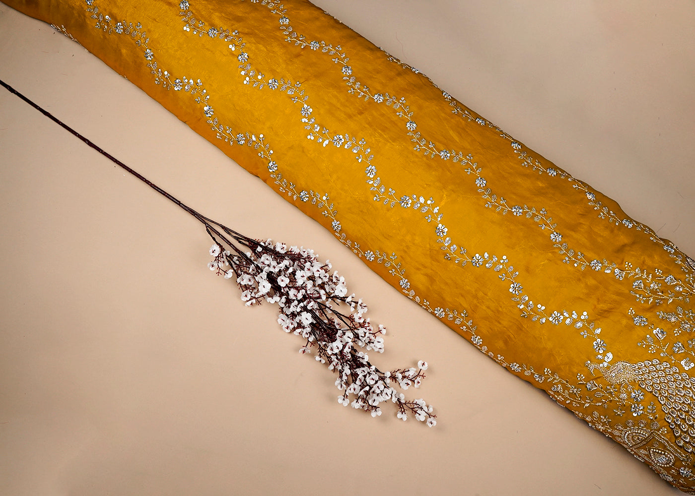Mustard Diamond Silk Fabric With All Over Zari, Sequins And Katdana Work With One Side Border 16755