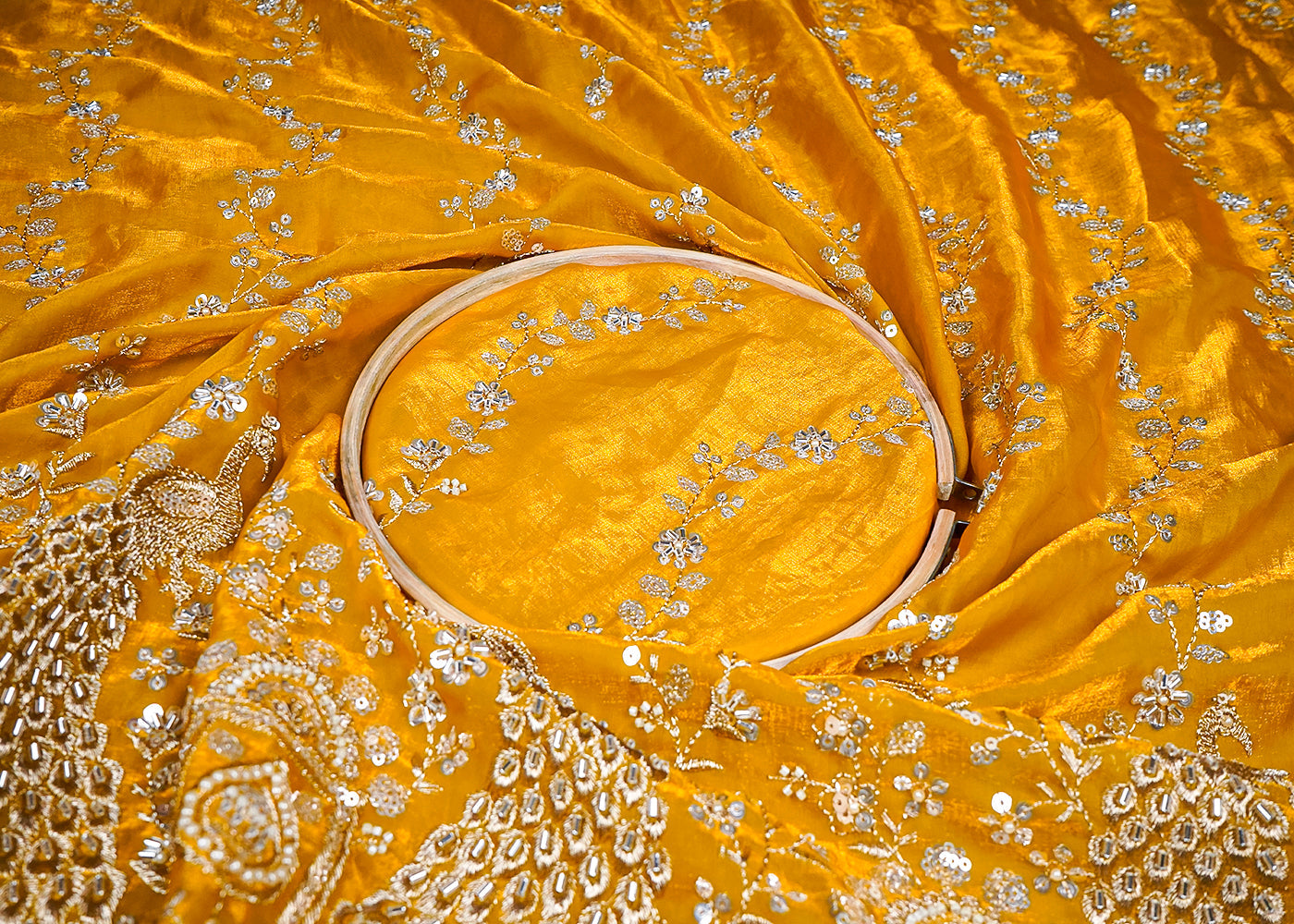 Mustard Diamond Silk Fabric With All Over Zari, Sequins And Katdana Work With One Side Border 16755