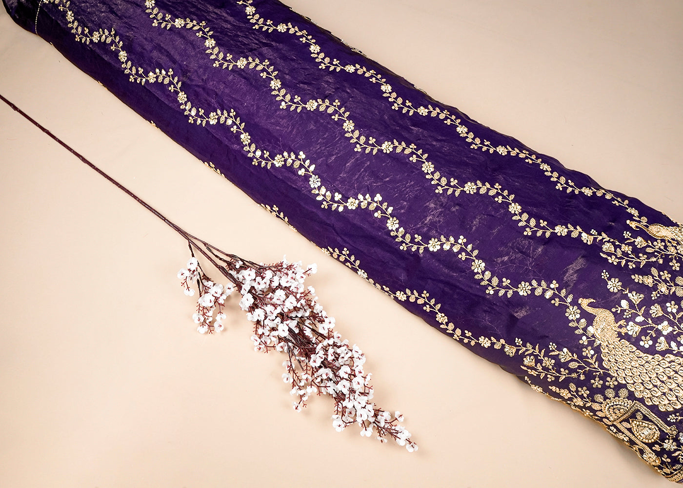 Purple Diamond Silk Fabric With All Over Zari, Sequins And Katdana Work With One Side Border 16756