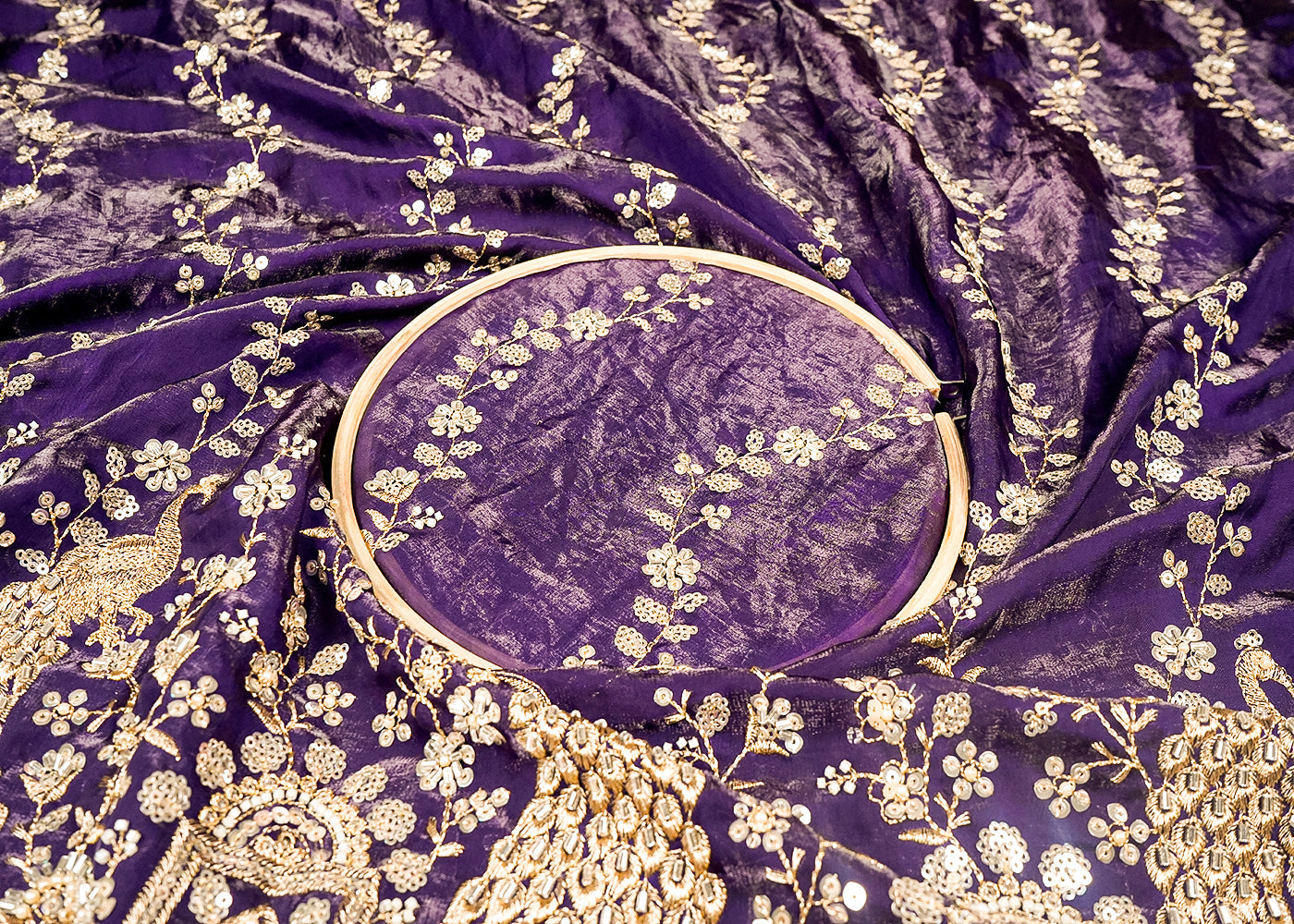 Purple Diamond Silk Fabric With All Over Zari, Sequins And Katdana Work With One Side Border 16756
