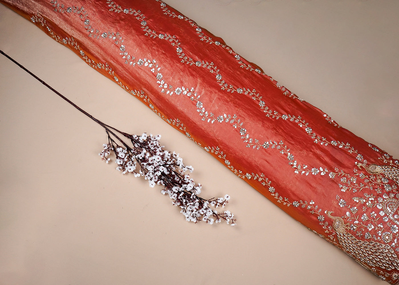 Dark Peach Diamond Silk Fabric With All Over Zari, Sequins And Katdana Work With One Side Border 16757