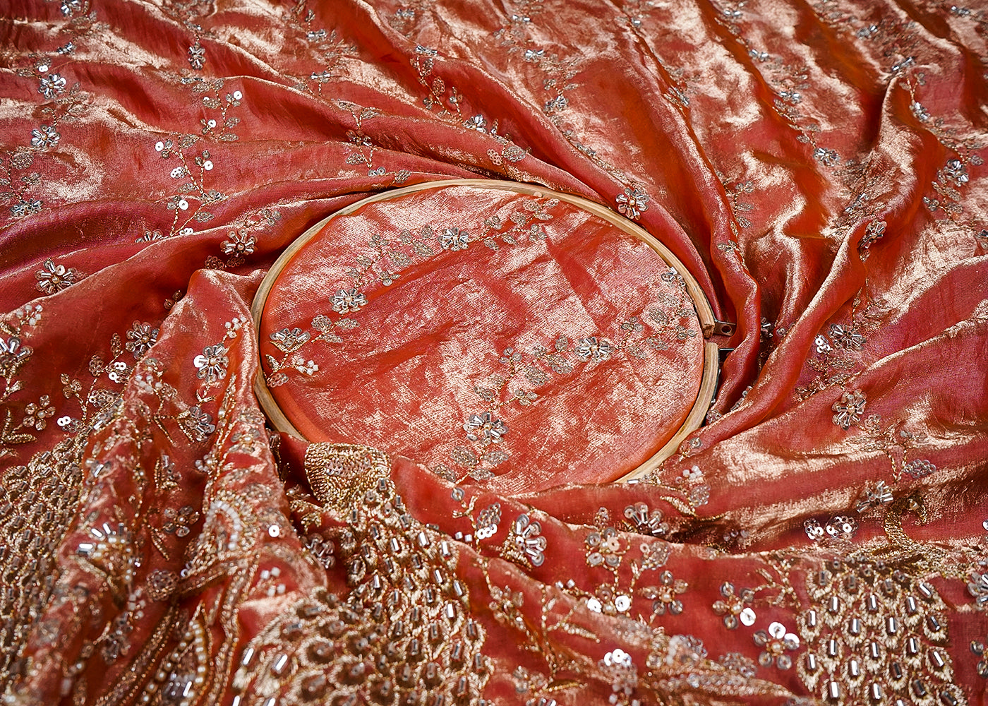 Dark Peach Diamond Silk Fabric With All Over Zari, Sequins And Katdana Work With One Side Border 16757