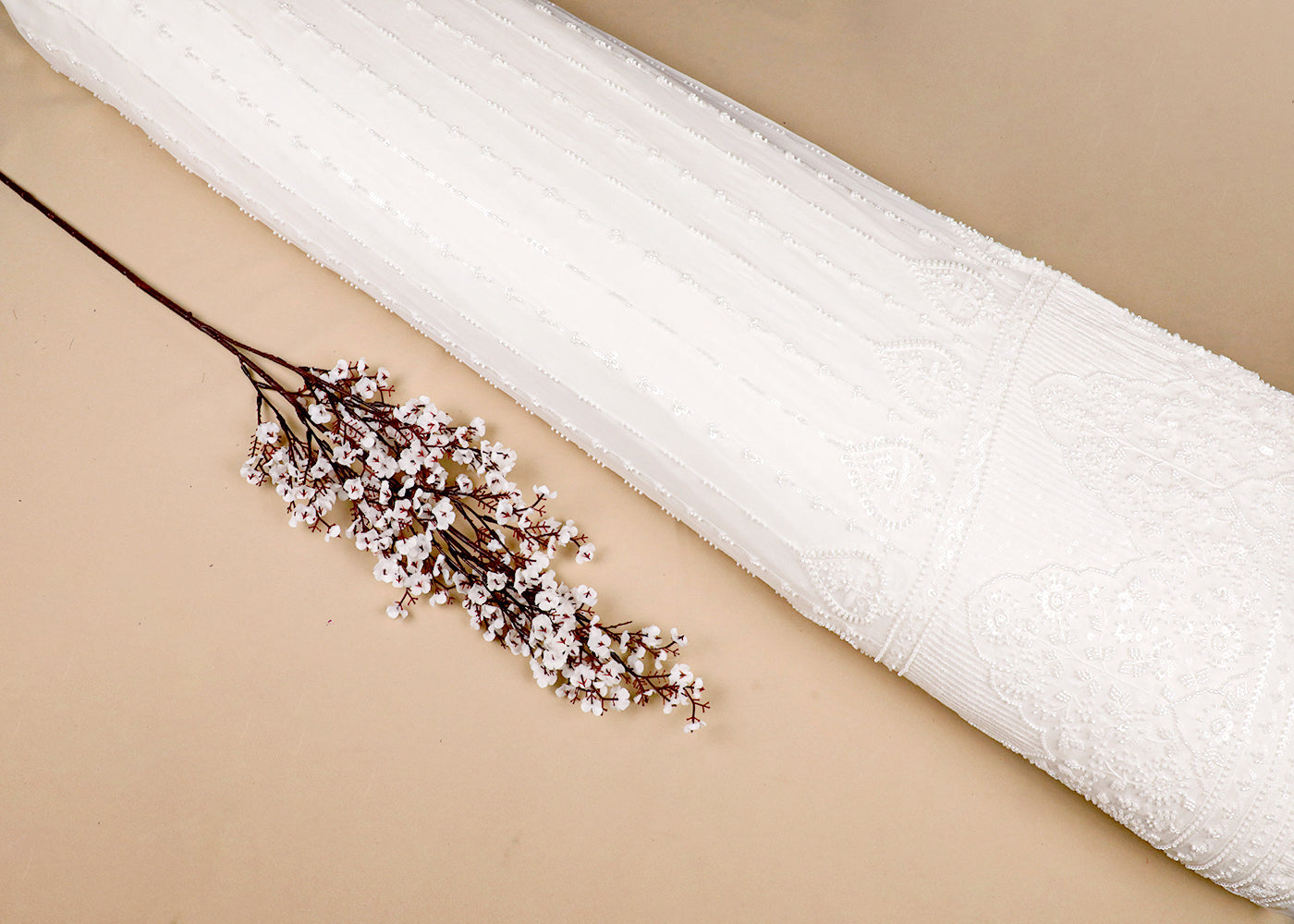 White Georgette Fabric With All Over Sequins, Bead, Thread Work And One Side Border 16761