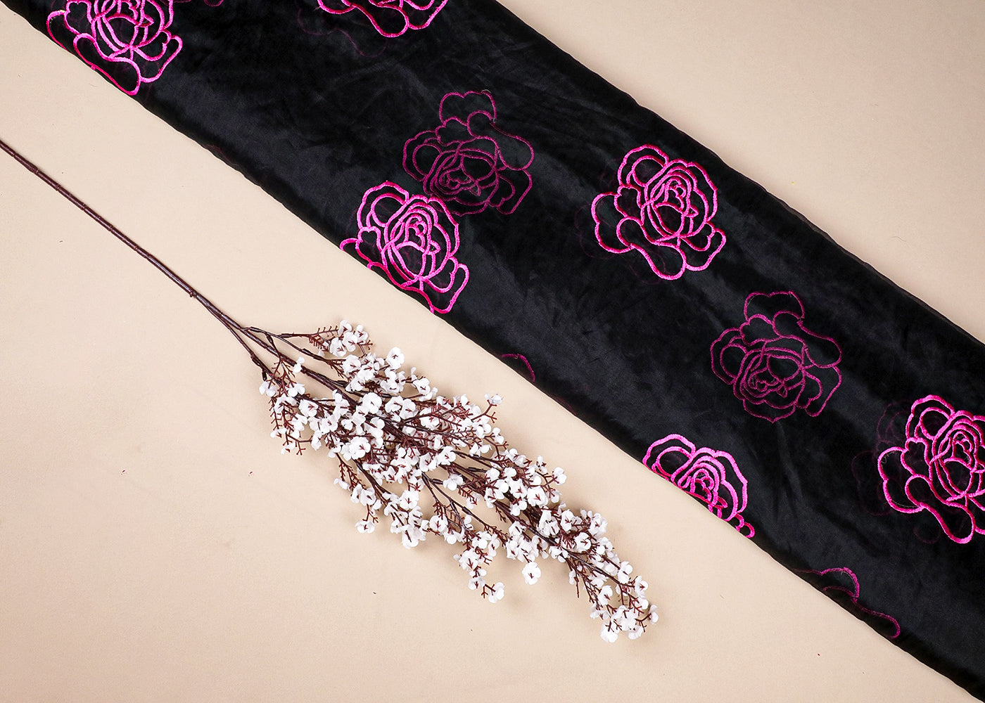 Black Organza Fabric With All Over Magenta Thread Work Flowers 16762