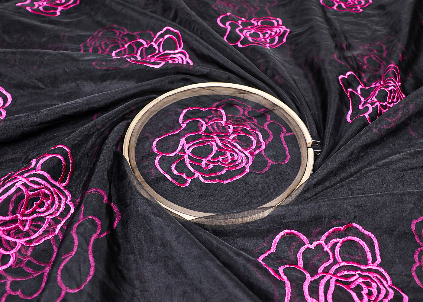 Black Organza Fabric With All Over Magenta Thread Work Flowers 16762