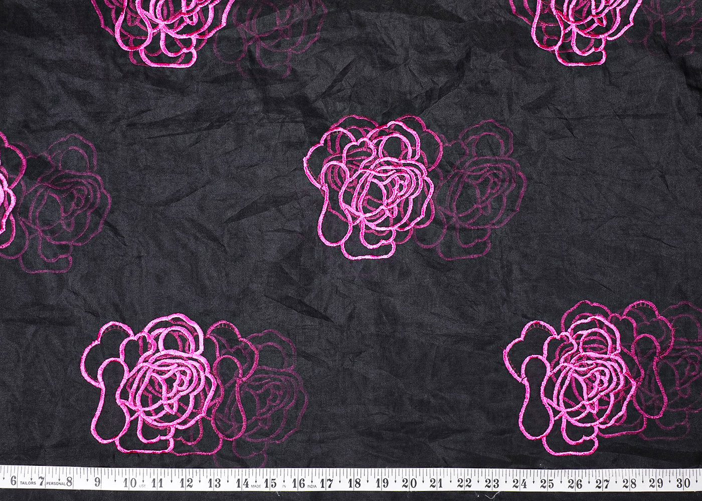 Black Organza Fabric With All Over Magenta Thread Work Flowers 16762