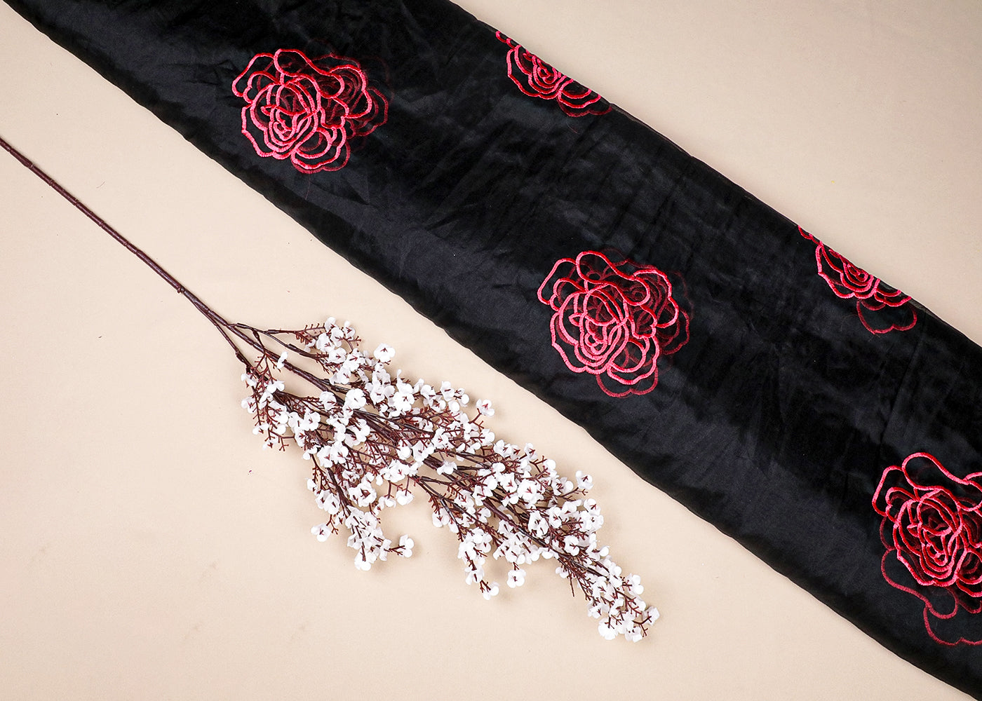 Black Organza Fabric With All Over Red Thread Work Flowers 16763