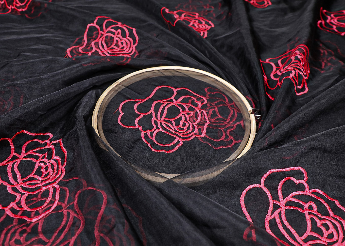 Black Organza Fabric With All Over Red Thread Work Flowers 16763