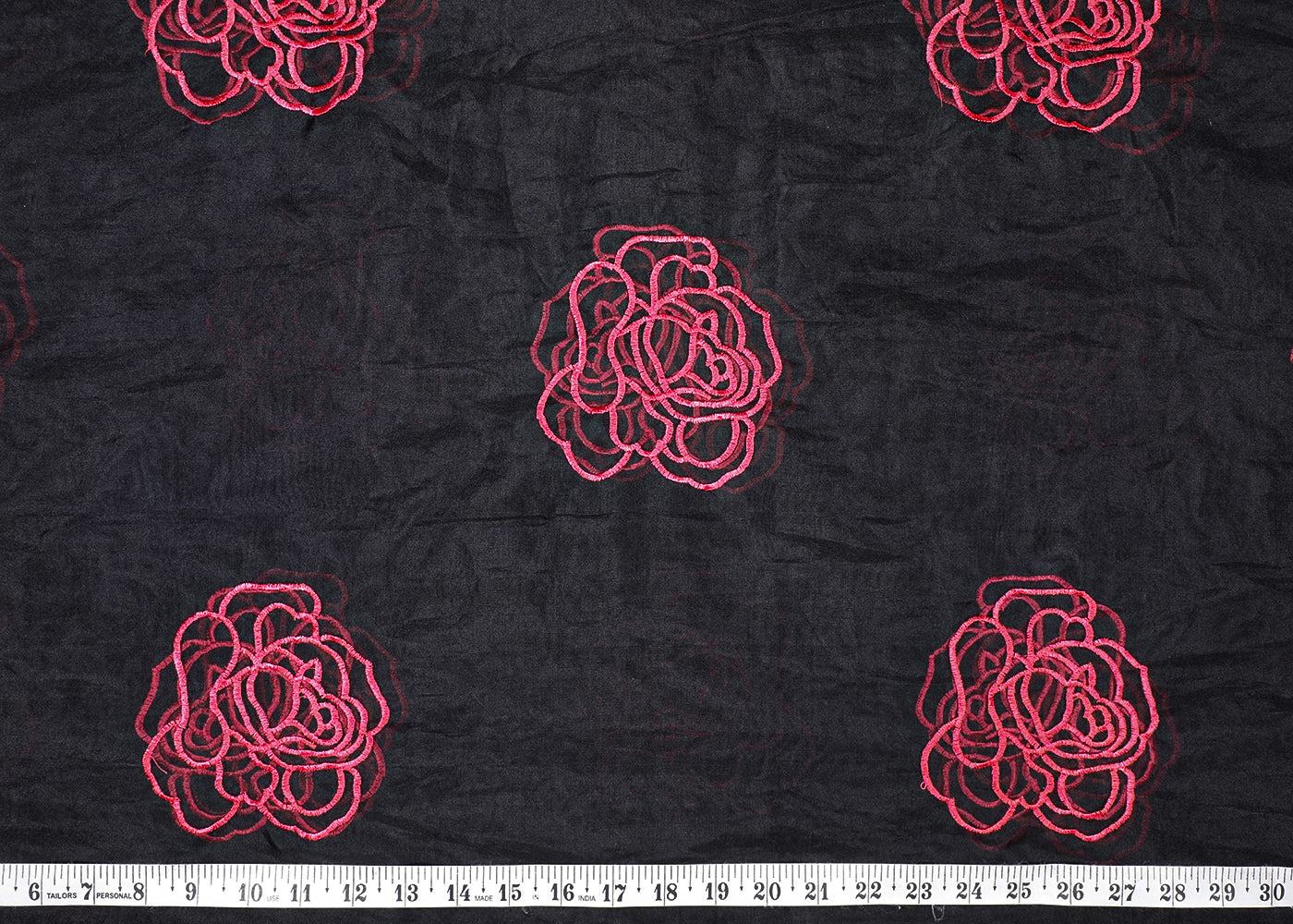 Black Organza Fabric With All Over Red Thread Work Flowers 16763