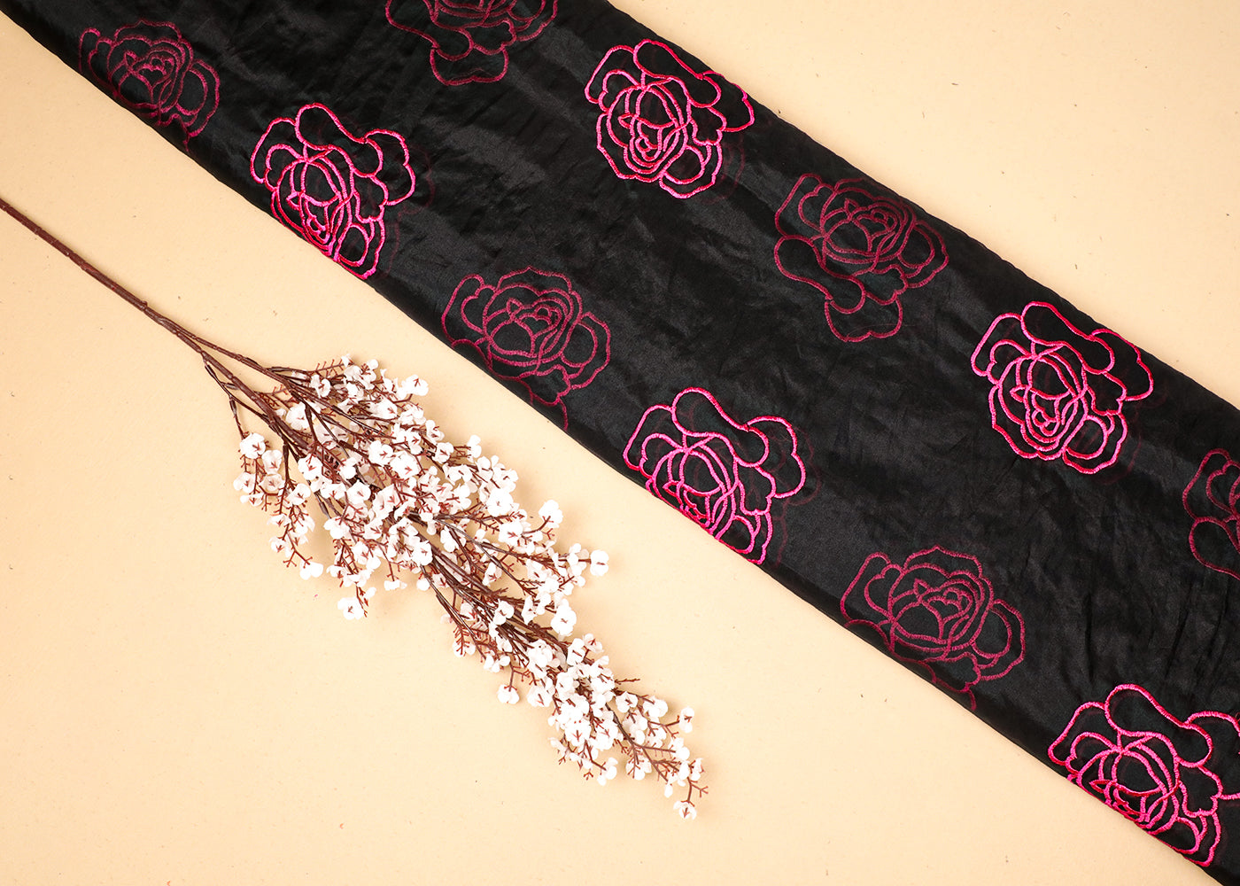 Black Organza Fabric With All Over Pink Thread Work Flowers 16764