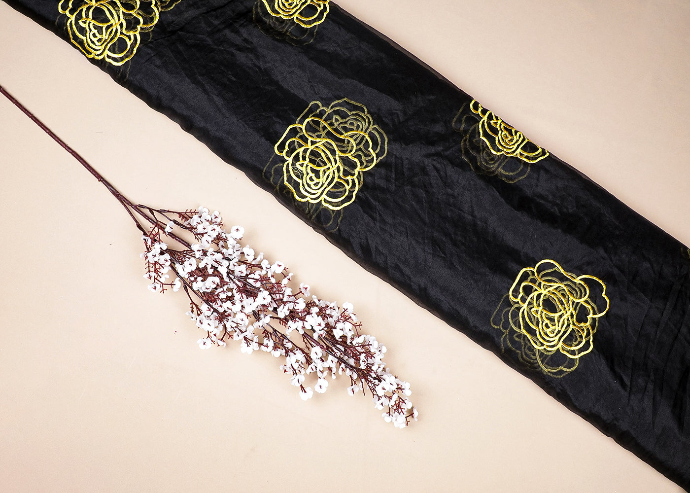Black Organza Fabric With All Over Yellow Thread Work Flowers 16765