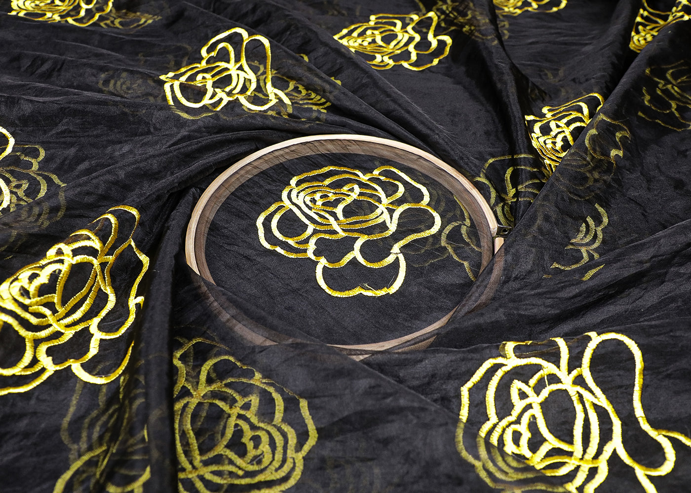 Black Organza Fabric With All Over Yellow Thread Work Flowers 16765