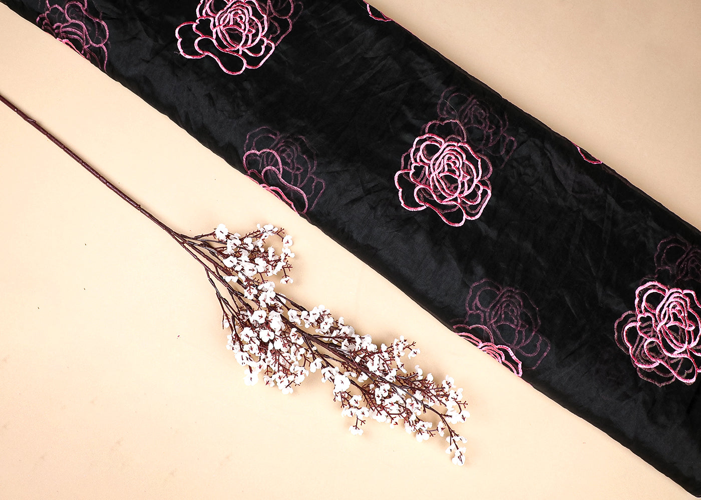 Black Organza Fabric With All Over Baby Pink Thread Work Flowers 16766