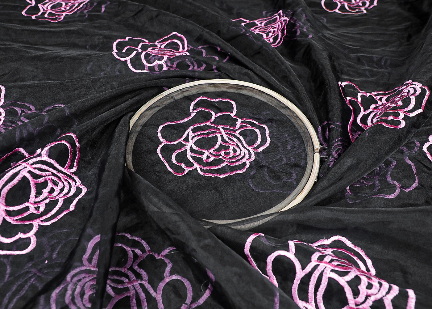 Black Organza Fabric With All Over Baby Pink Thread Work Flowers 16766