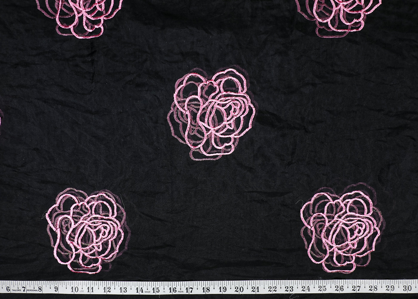 Black Organza Fabric With All Over Baby Pink Thread Work Flowers 16766