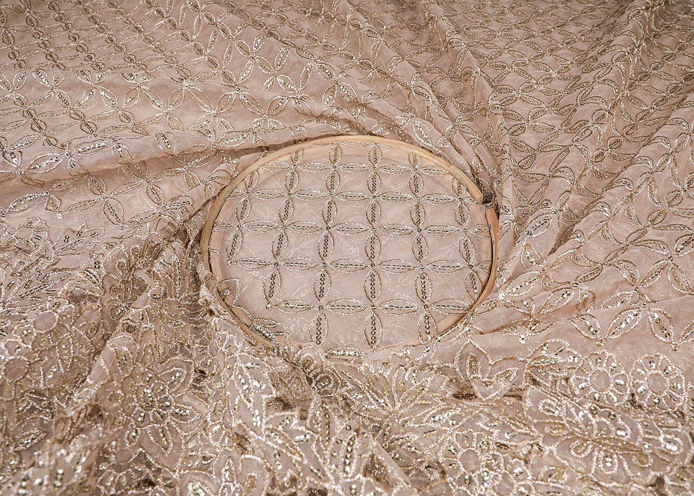 Beige Organza Fabric With All Over Zari, Sequins And One Side Cutwork Border 16767