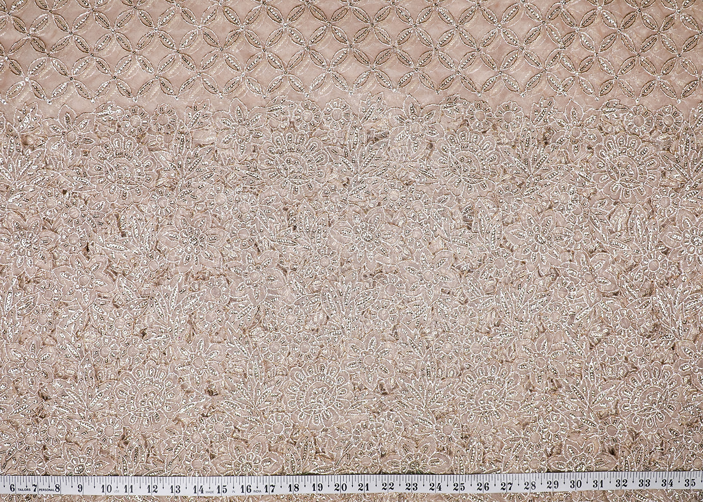 Beige Organza Fabric With All Over Zari, Sequins And One Side Cutwork Border 16767