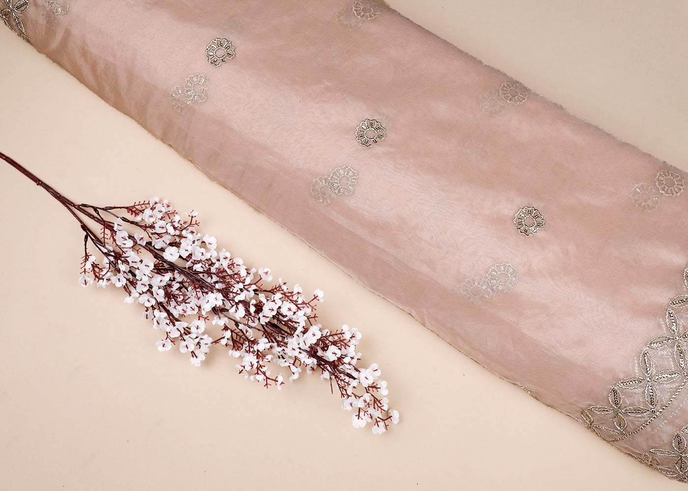 Beige Organza Fabric With All Over Zari, Sequins And Two Side Border 16768