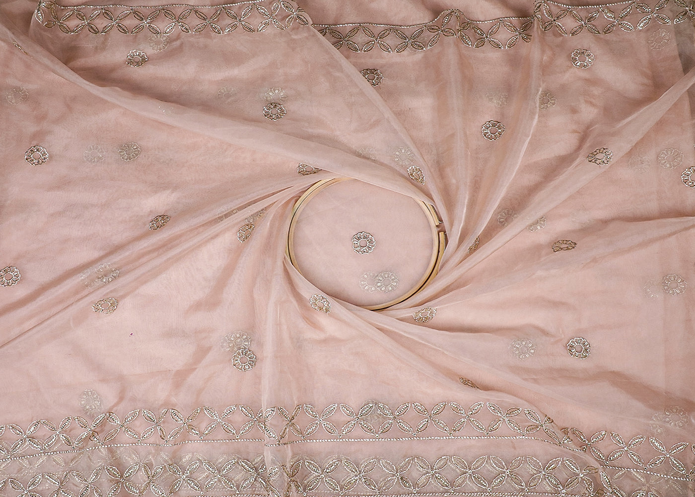 Beige Organza Fabric With All Over Zari, Sequins And Two Side Border 16768