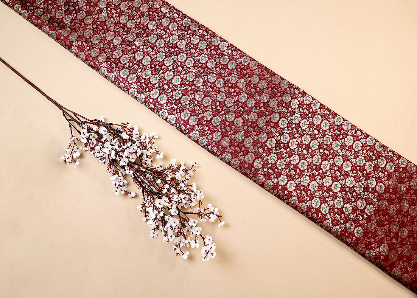Wine Banarasi Brocade Fabric With All Over Thread And Golden Zari Handloom 16772