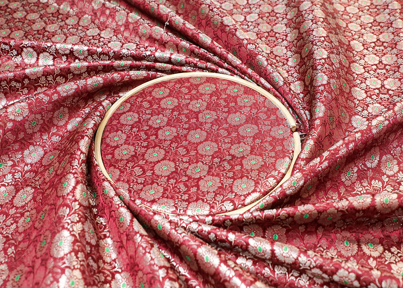 Wine Banarasi Brocade Fabric With All Over Thread And Golden Zari Handloom 16772