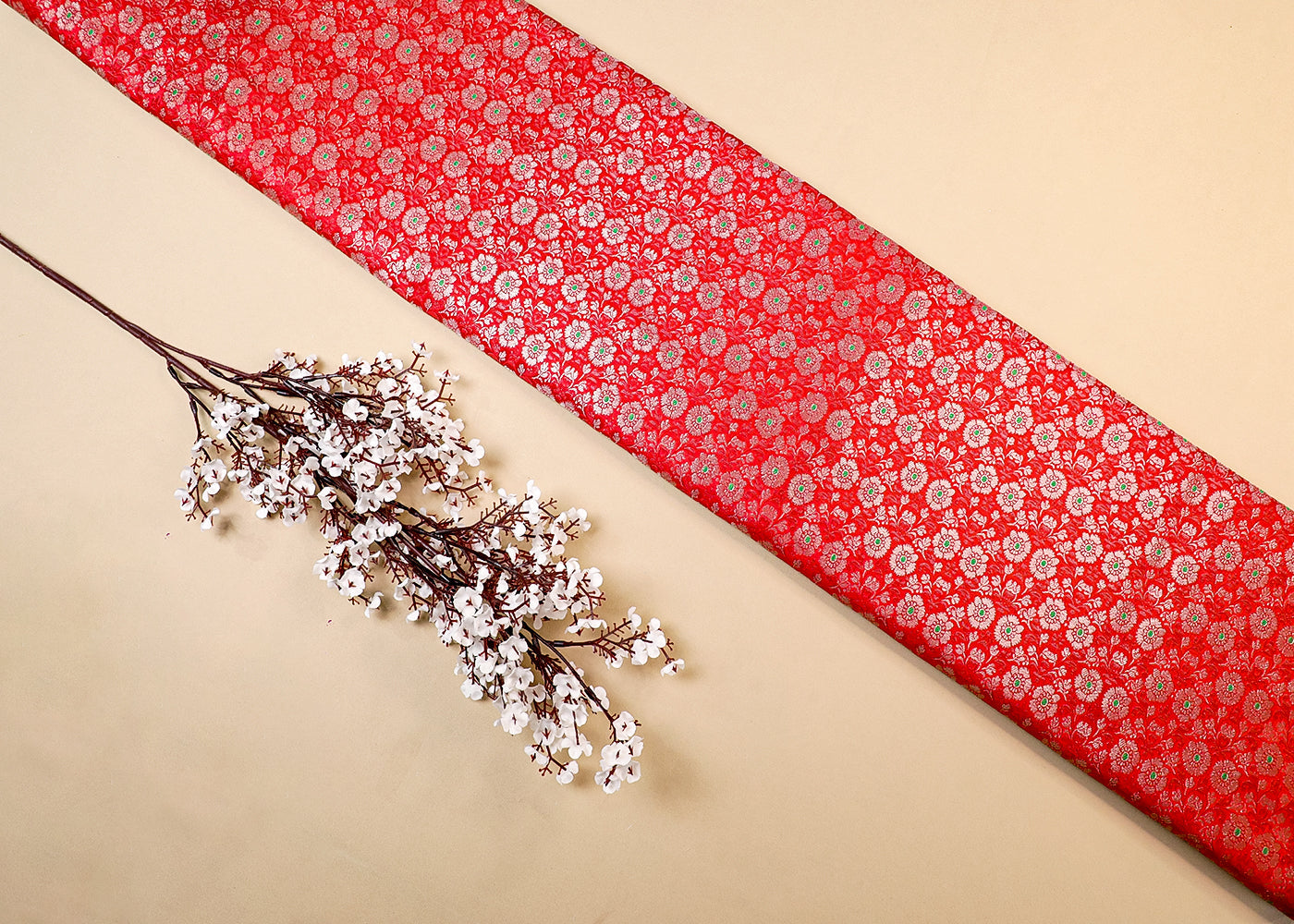 Red Banarasi Brocade Fabric With All Over Thread And Golden Zari Handloom 16773