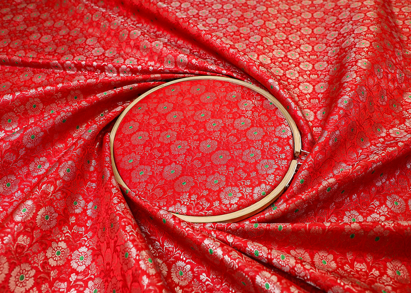 Red Banarasi Brocade Fabric With All Over Thread And Golden Zari Handloom 16773