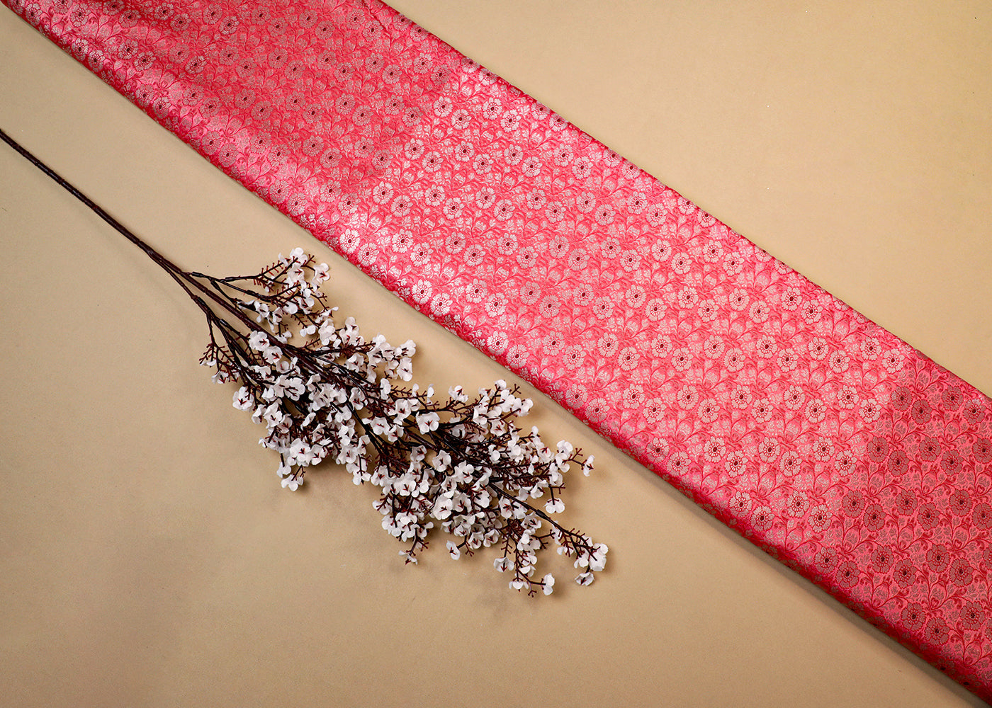 Light Pink Banarasi Brocade Fabric With All Over Thread And Golden Zari Handloom 16774