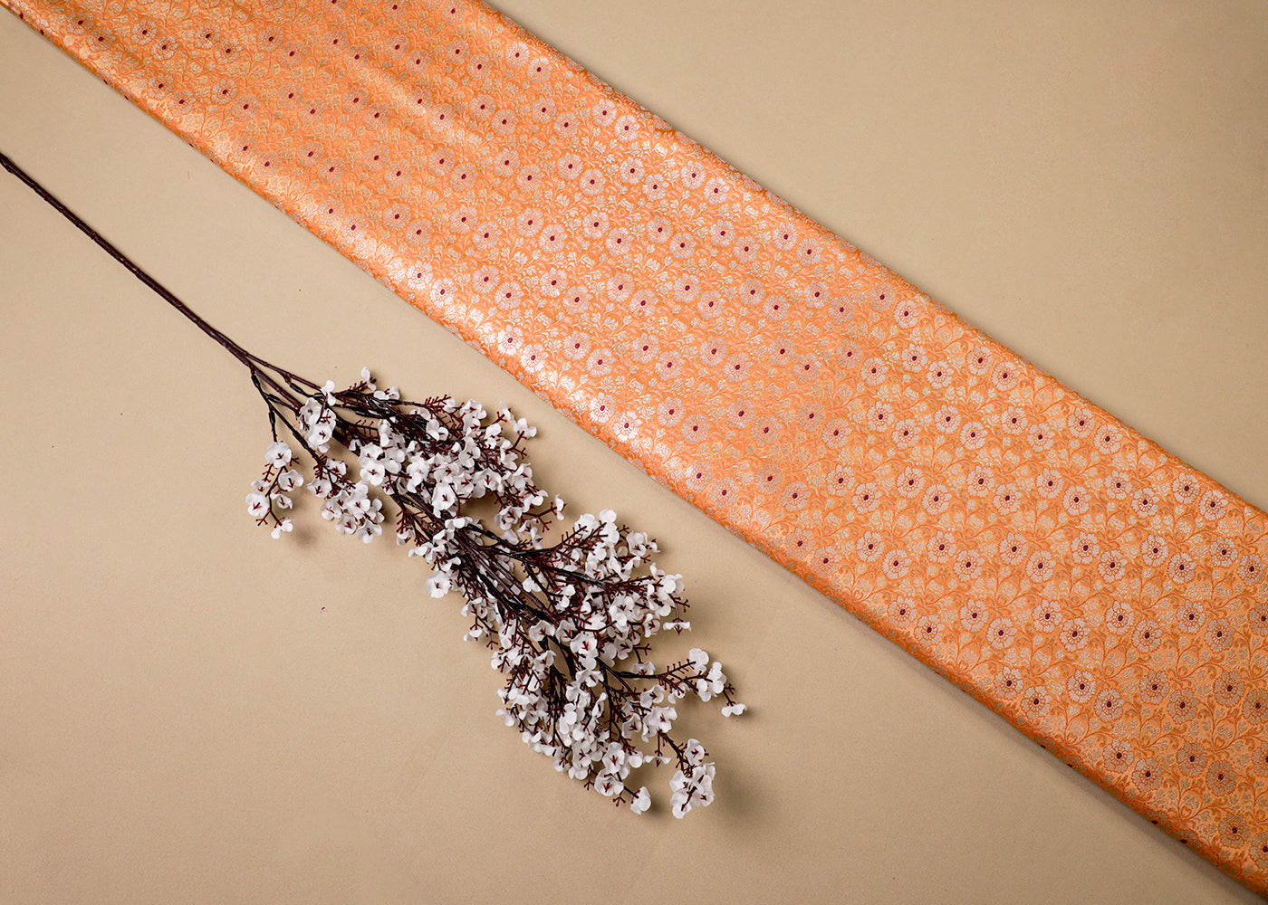 Light Orange Banarasi Brocade Fabric With All Over Thread And Golden Zari Handloom 16775
