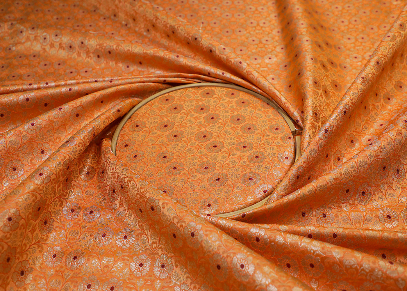 Light Orange Banarasi Brocade Fabric With All Over Thread And Golden Zari Handloom 16775