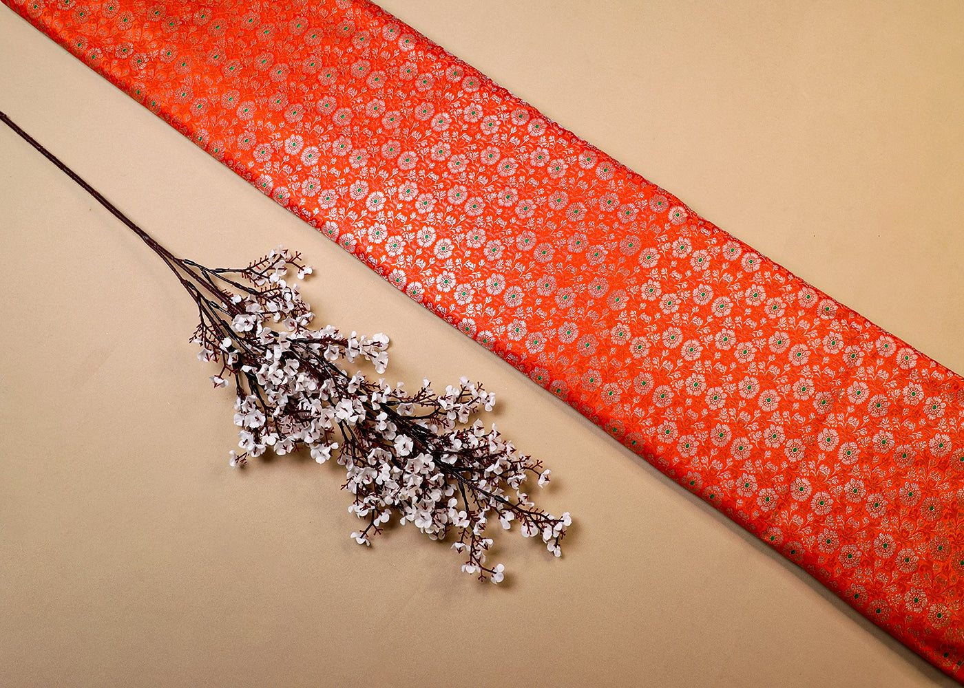 Orange Banarasi Brocade Fabric With All Over Thread And Golden Zari Handloom 16776