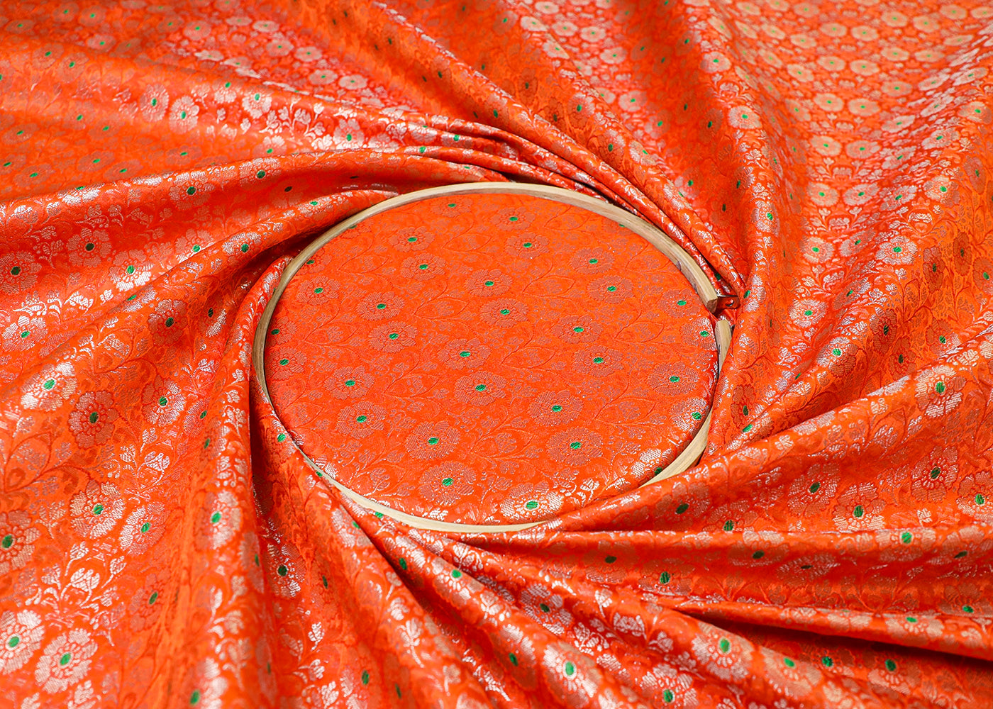 Orange Banarasi Brocade Fabric With All Over Thread And Golden Zari Handloom 16776