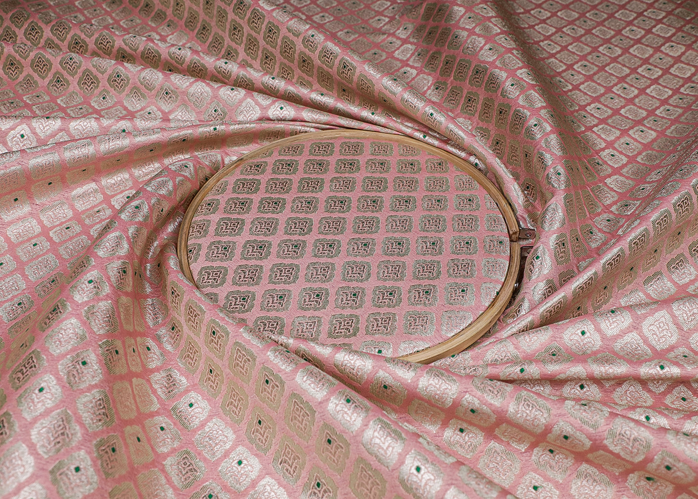 Light Pink Banarasi Brocade Fabric With All Over Golden Zari And Thread Handloom 16778