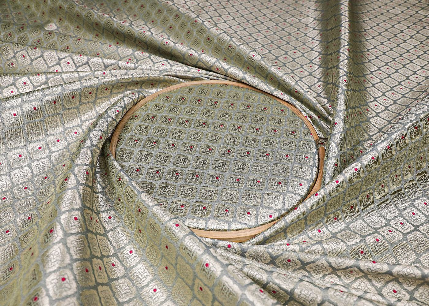 Grey Banarasi Brocade Fabric With All Over Golden Zari And Thread Handloom 16779