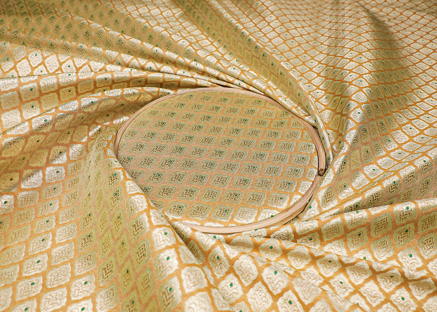 Mustard Banarasi Brocade Fabric With All Over Golden Zari And Thread Handloom 16780