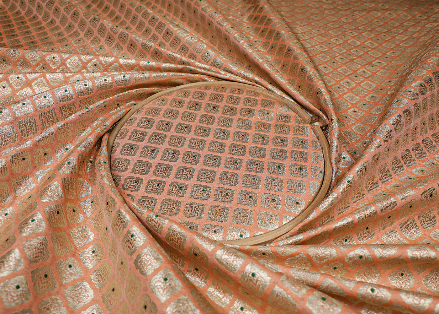 Peach Banarasi Brocade Fabric With All Over Golden Zari And Thread Handloom 16781