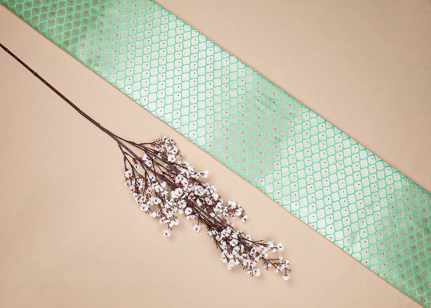 Mint Green Banarasi Brocade Fabric With All Over Golden Zari And Thread Handloom 16782
