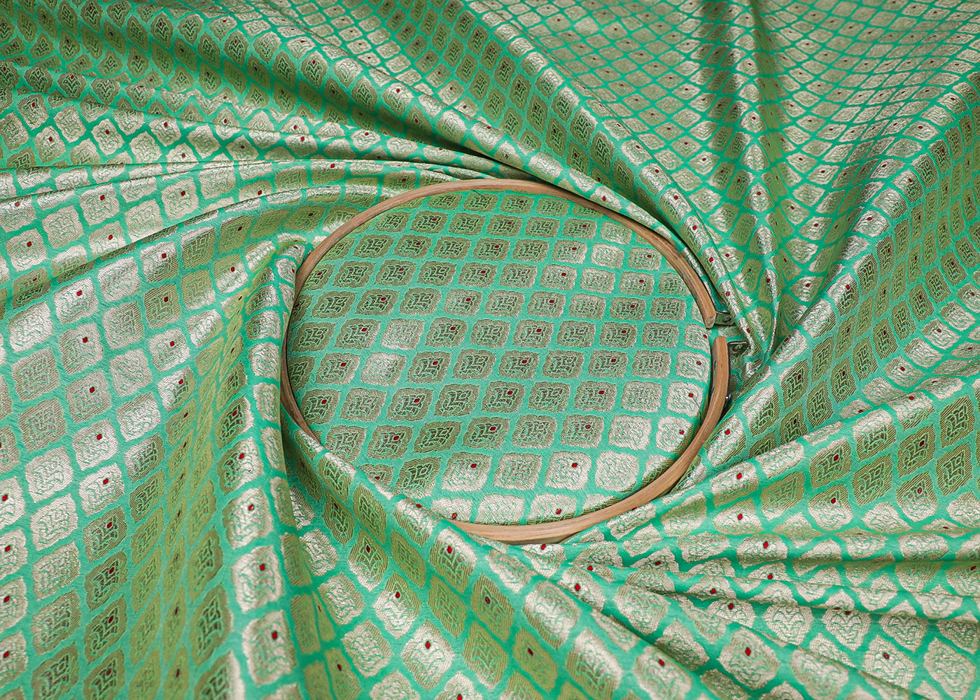 Mint Green Banarasi Brocade Fabric With All Over Golden Zari And Thread Handloom 16782